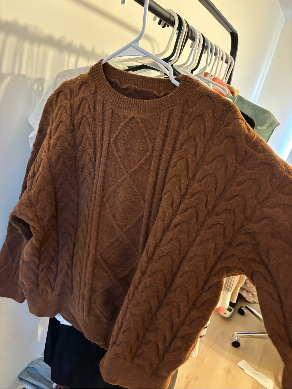 Textured Crewneck Cable Sweater in Brown